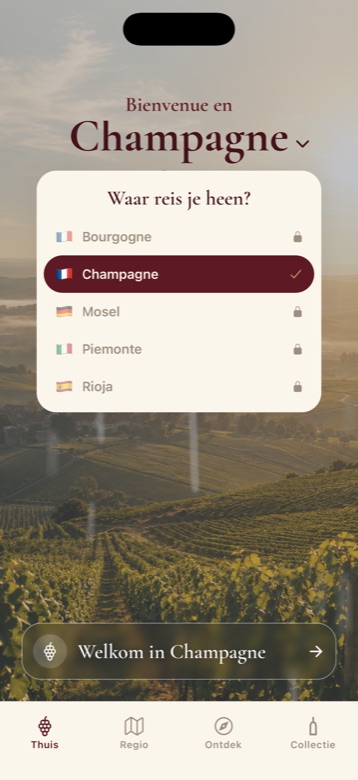 Keuzelijst met de vijf regio's: Bourgogne, Champagne, Mosel, Piemonte en Rioja