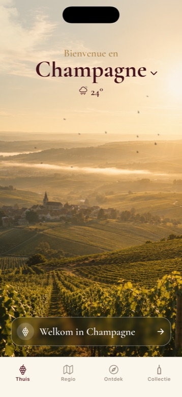 Thuisscherm van Cosecha met de wijngaarden van de Champagne bij zonsopgang