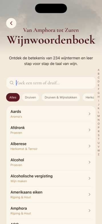 Het wijnwoordenboek met 234 termen en een alfabetbalk